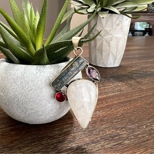 Sterling Silver 925 Multi Gemstone Moonstone Garnet Amethyst Kyanite Pendant